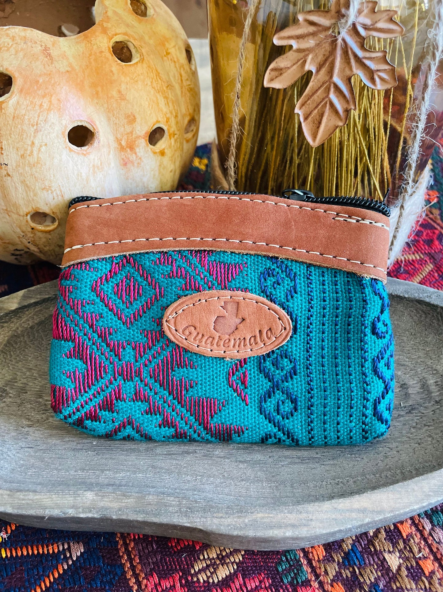 Guatemalan Embroidered Leather with Logo Coin Purse