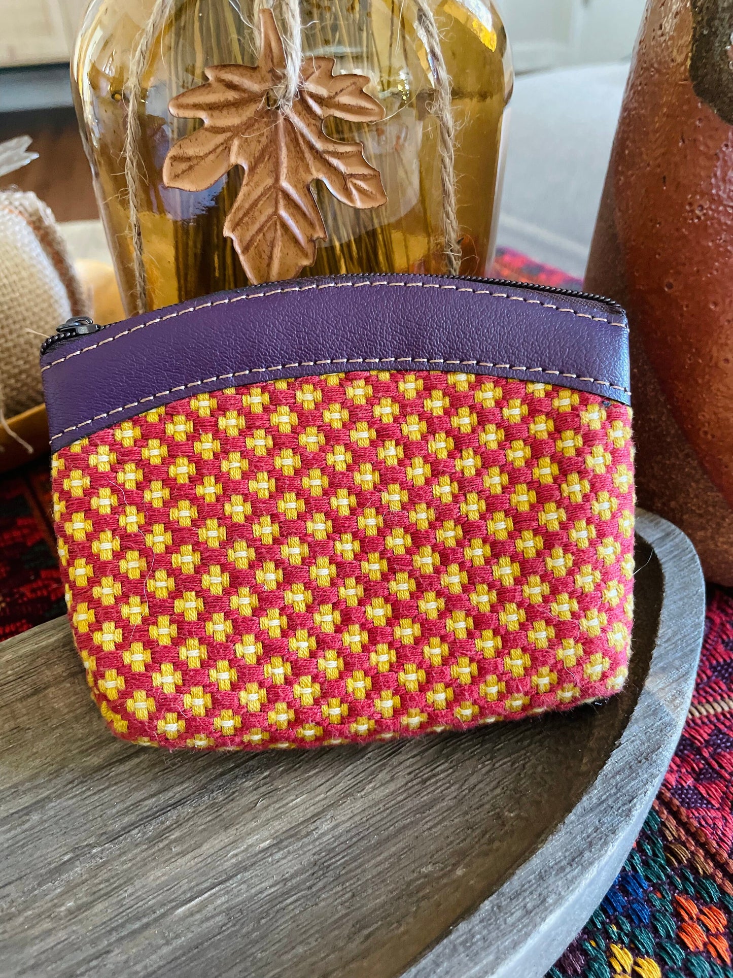 Guatemalan Flower Pattern with Leather Coin Purse / Medium