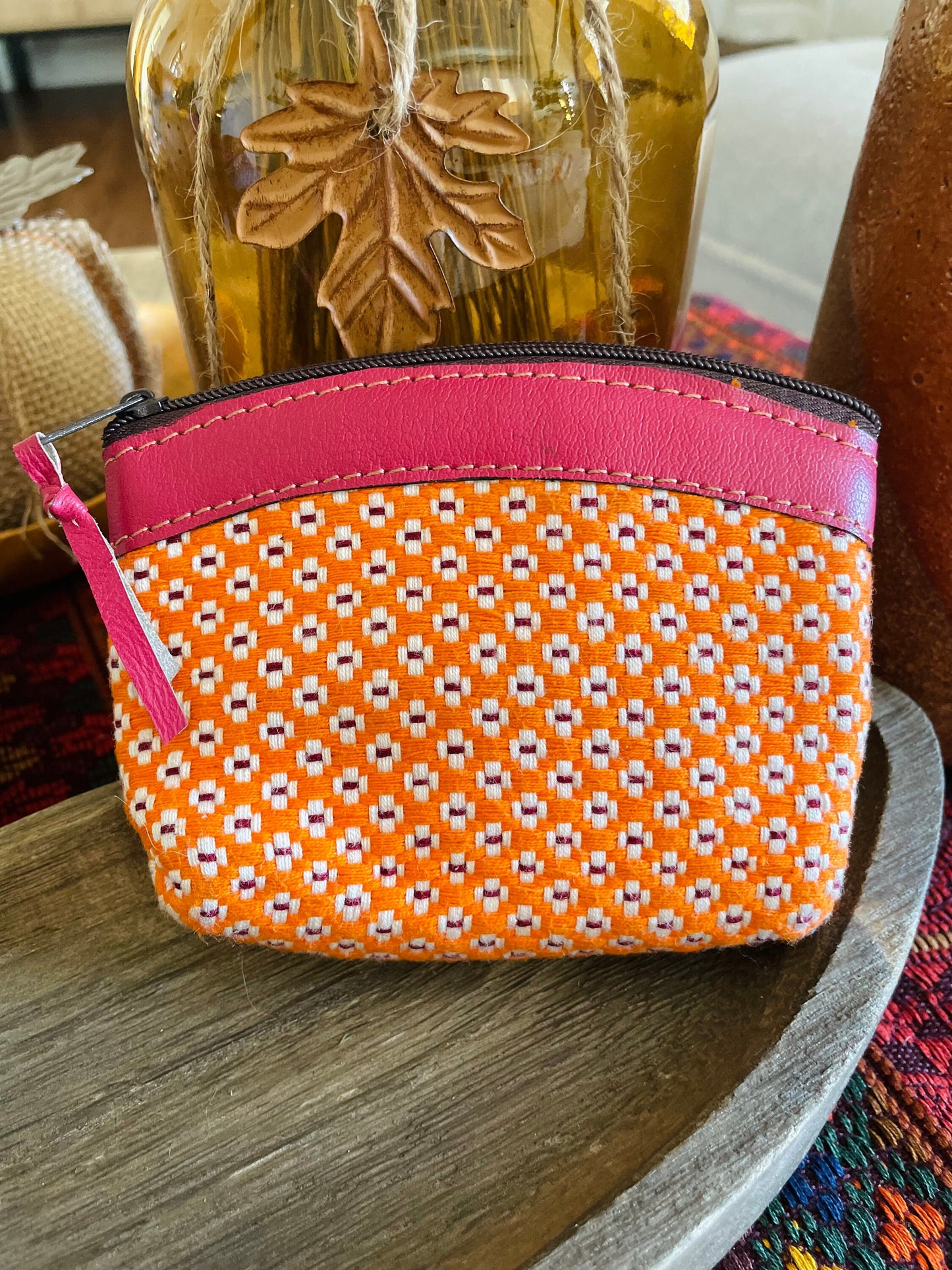 Guatemalan Flower Pattern with Leather Coin Purse / Medium