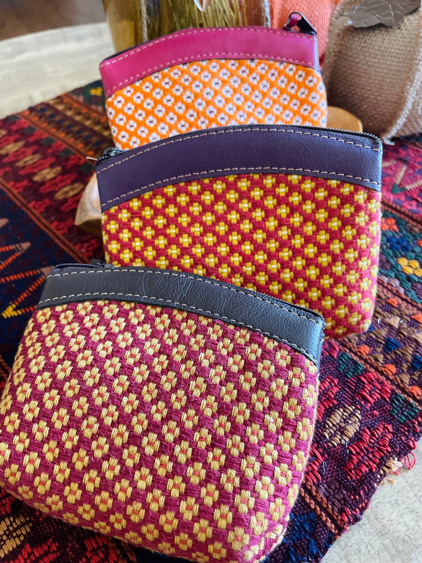 Guatemalan Flower Pattern with Leather Coin Purse / Medium