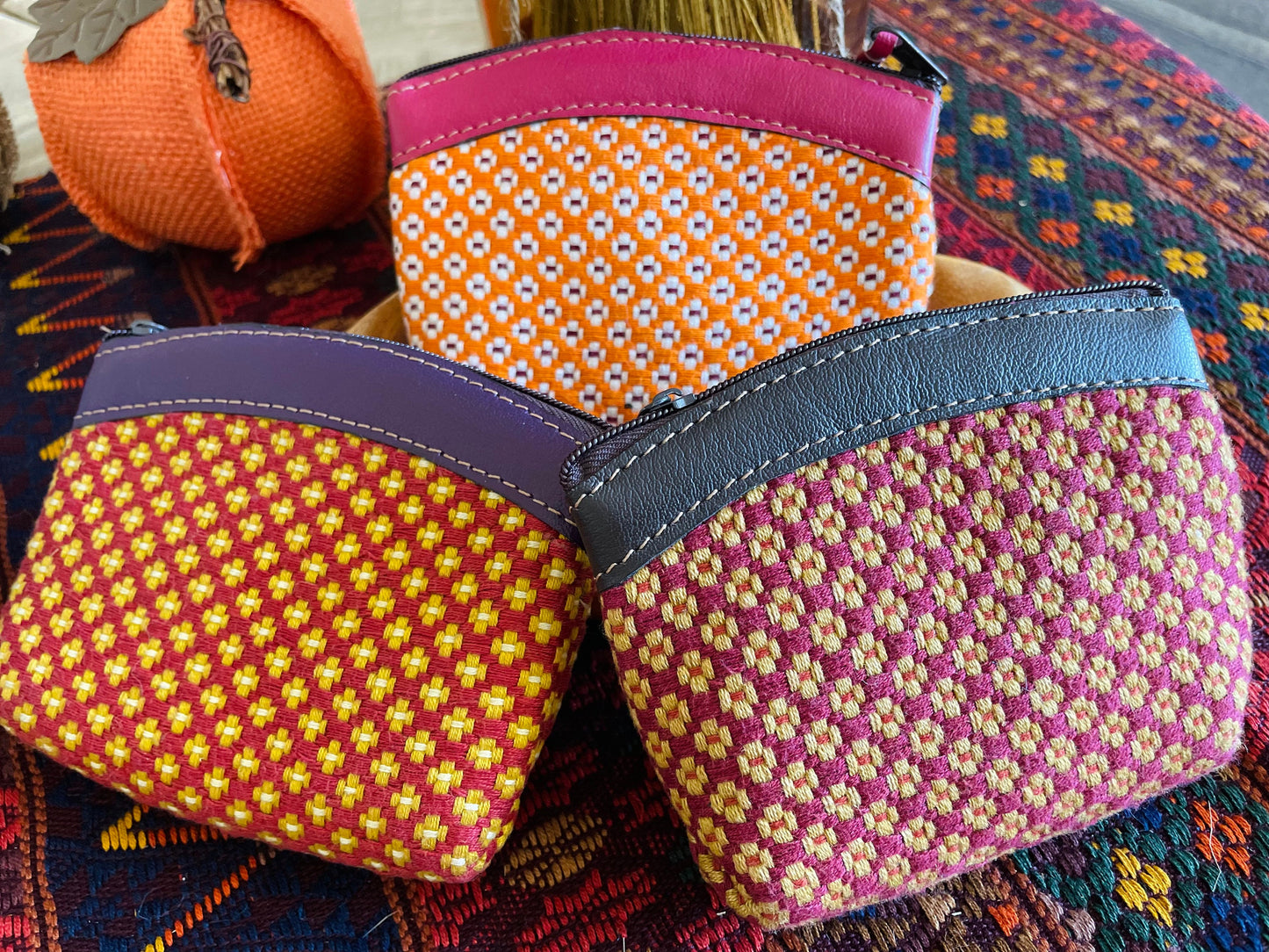 Guatemalan Flower Pattern with Leather Coin Purse / Medium