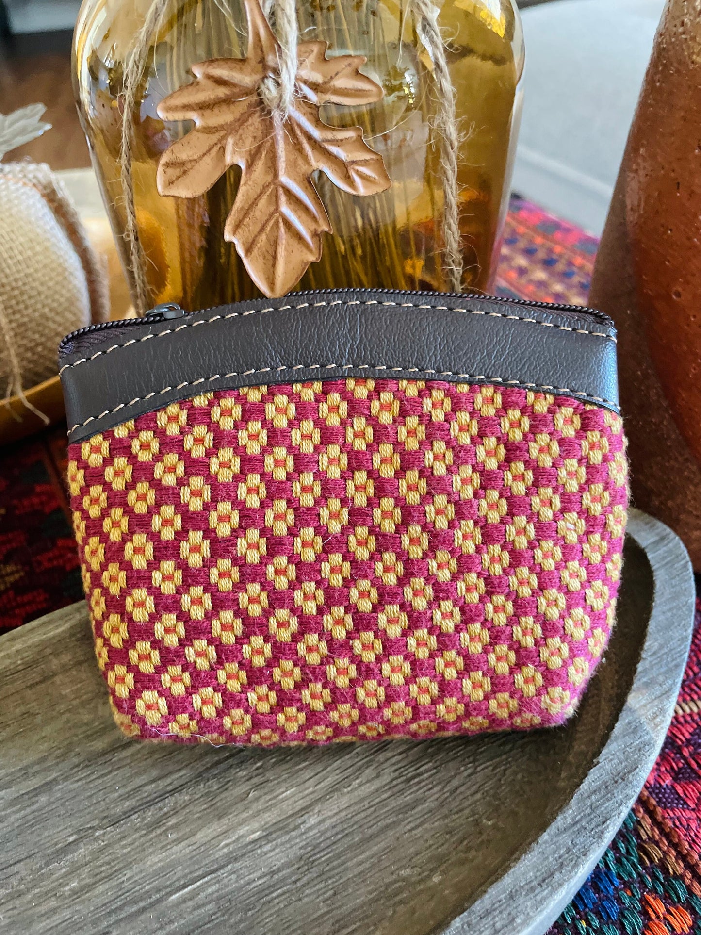 Guatemalan Flower Pattern with Leather Coin Purse / Medium