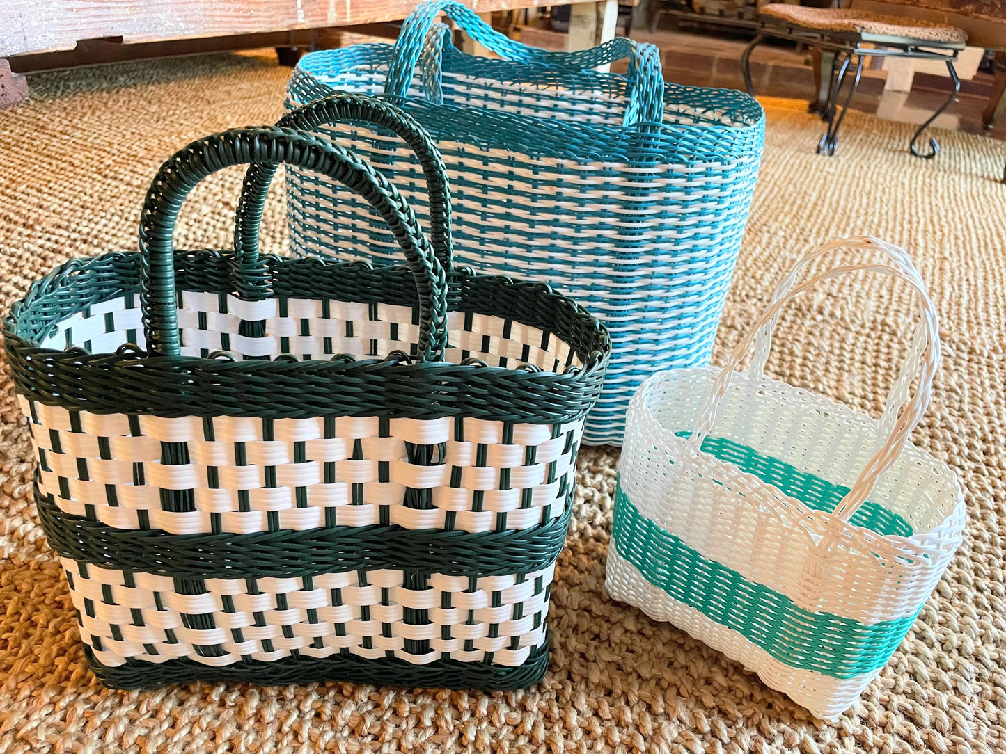 Plastic Tote Bag / Small / White With Blue Stripe