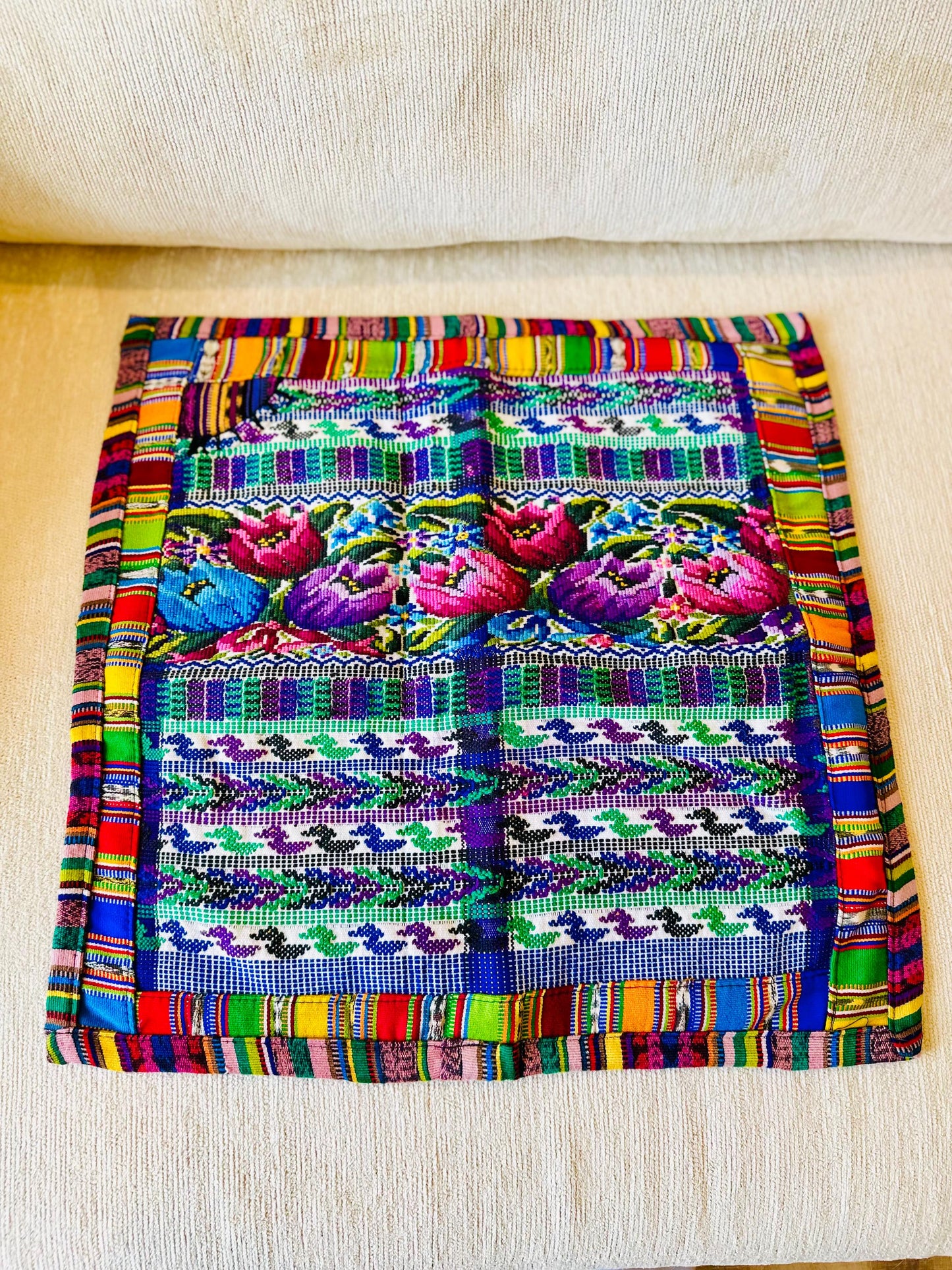 Huipil pillow cover from San Juan Comalapa