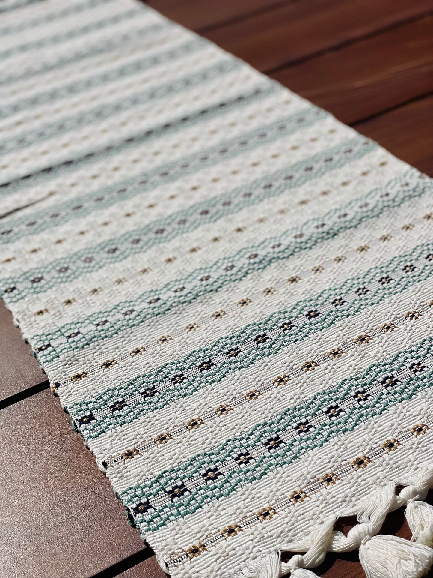 Guatemalan Handwoven Table Runner - Creme Skyblues