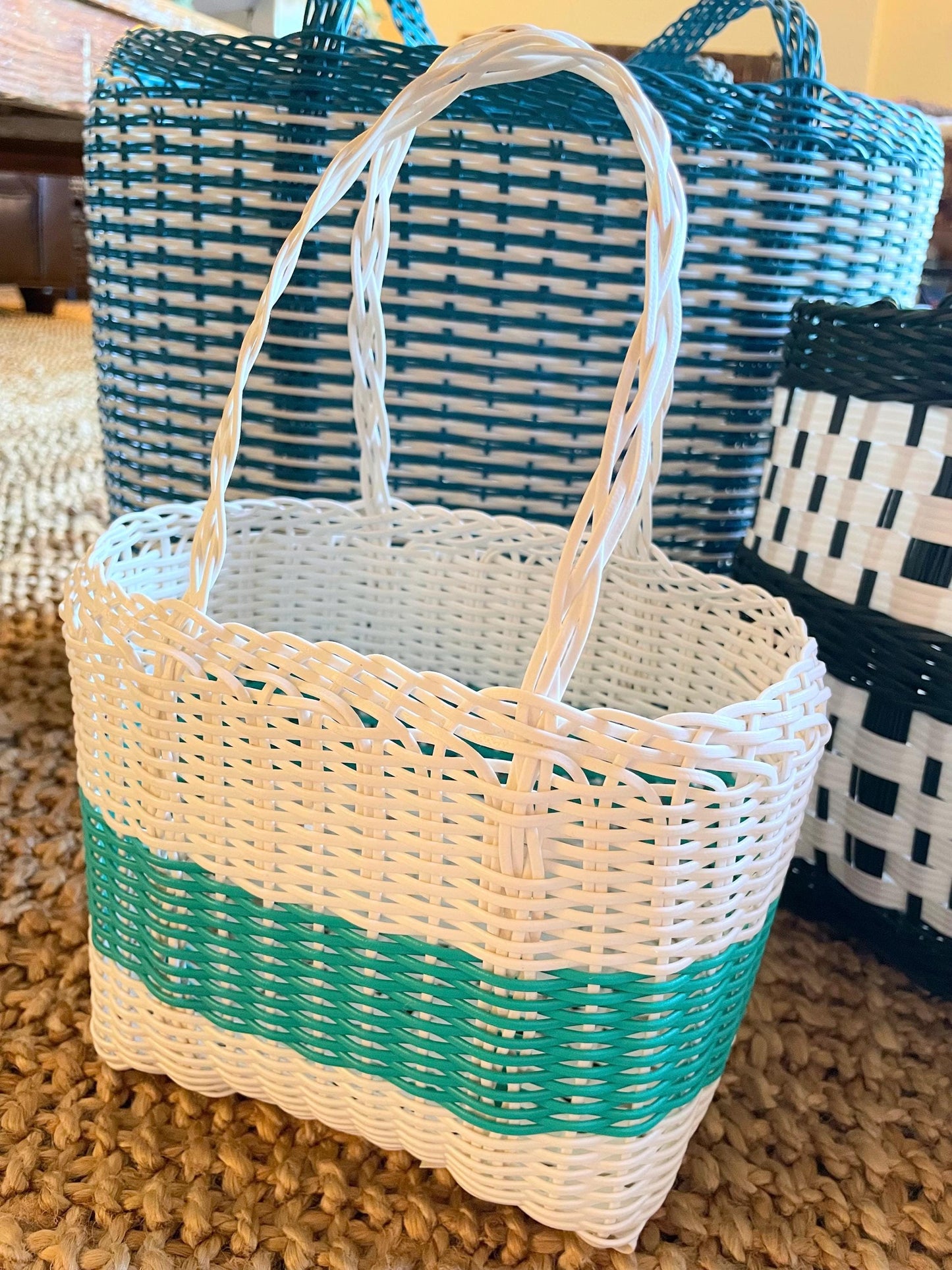 Plastic Tote Bag / Small / White With Blue Stripe