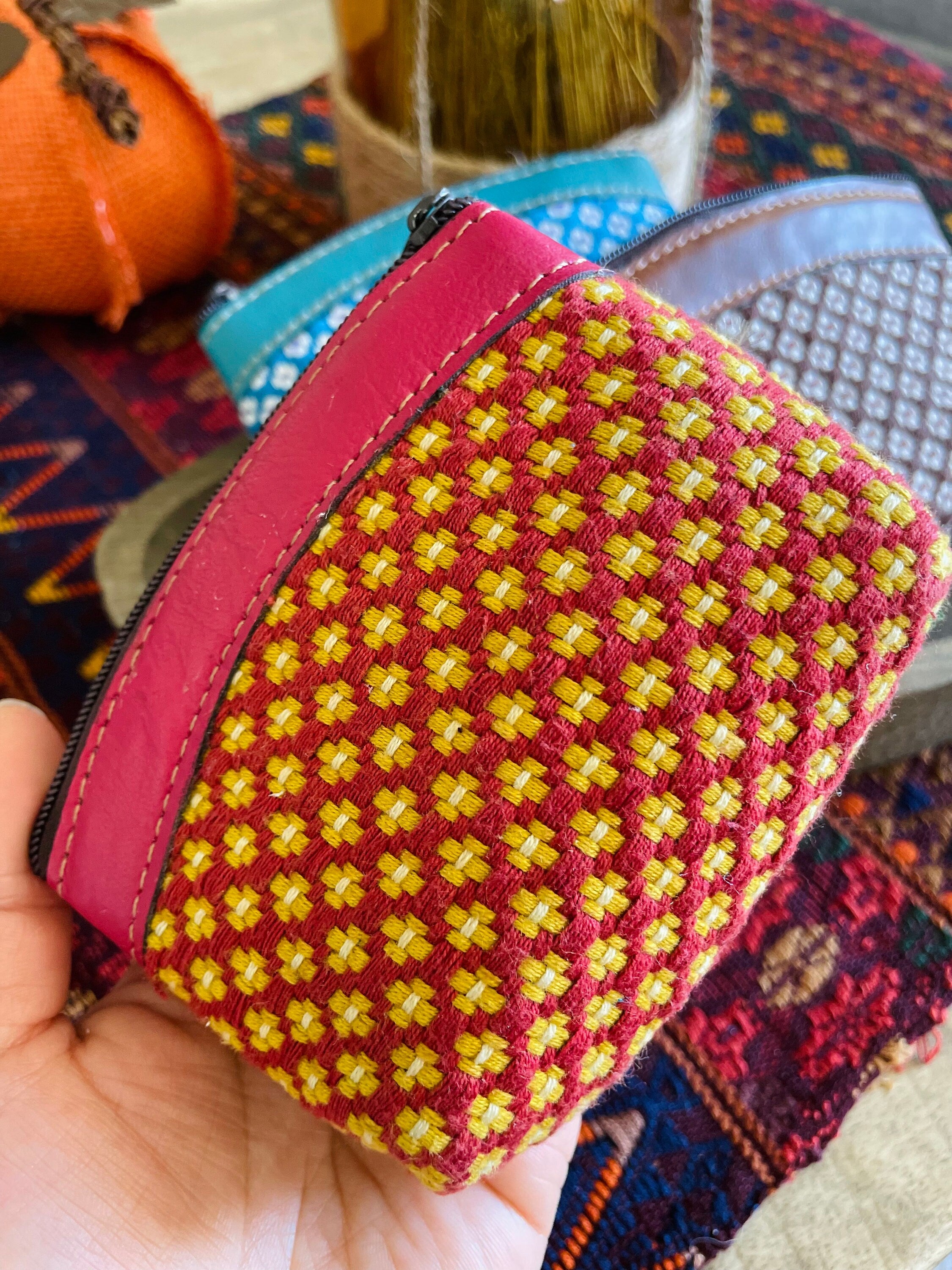 Hand printed purse – Small orange, green and grey – Bursaria Workshop