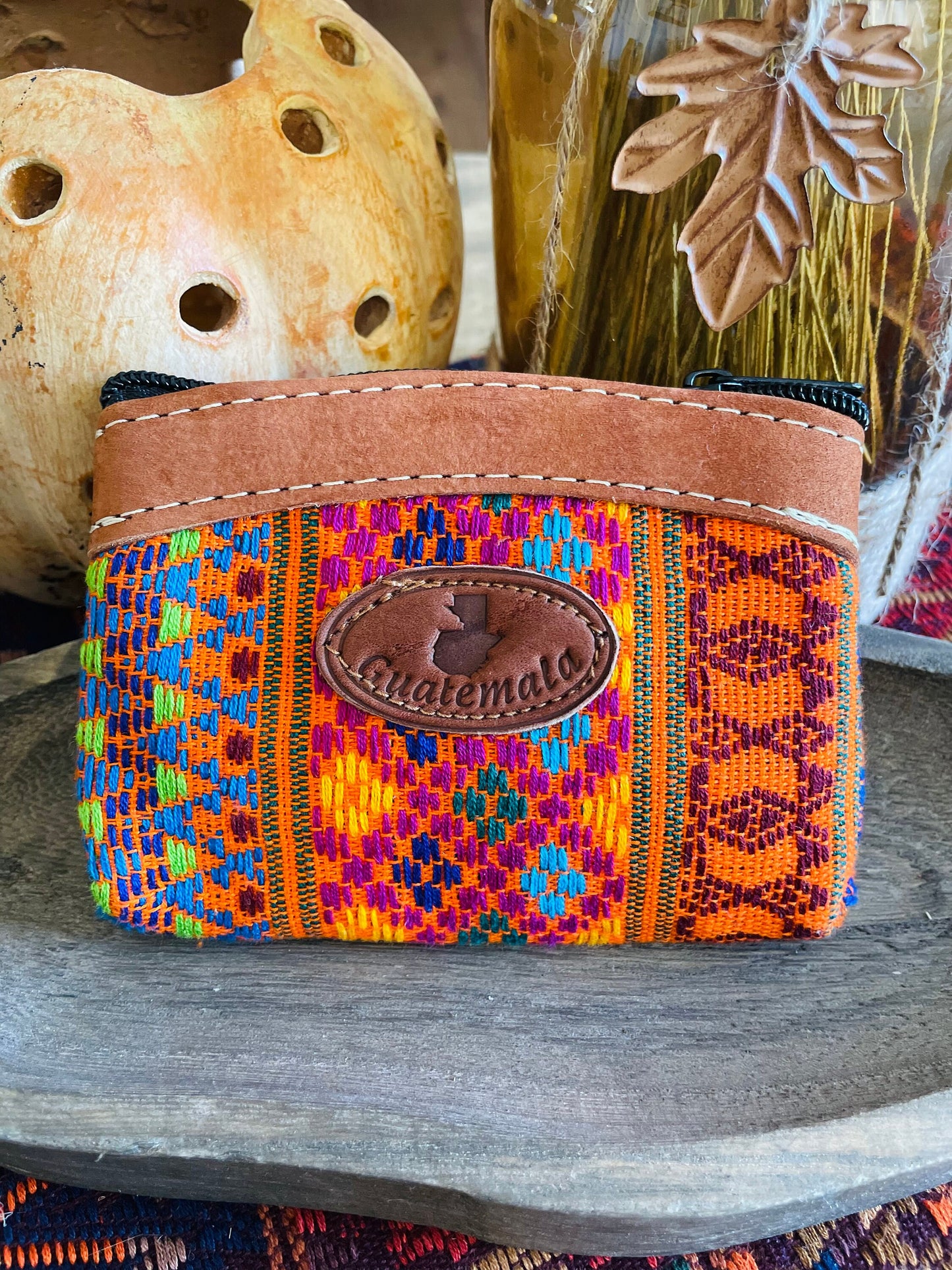 Guatemalan Embroidered Leather with Logo Coin Purse