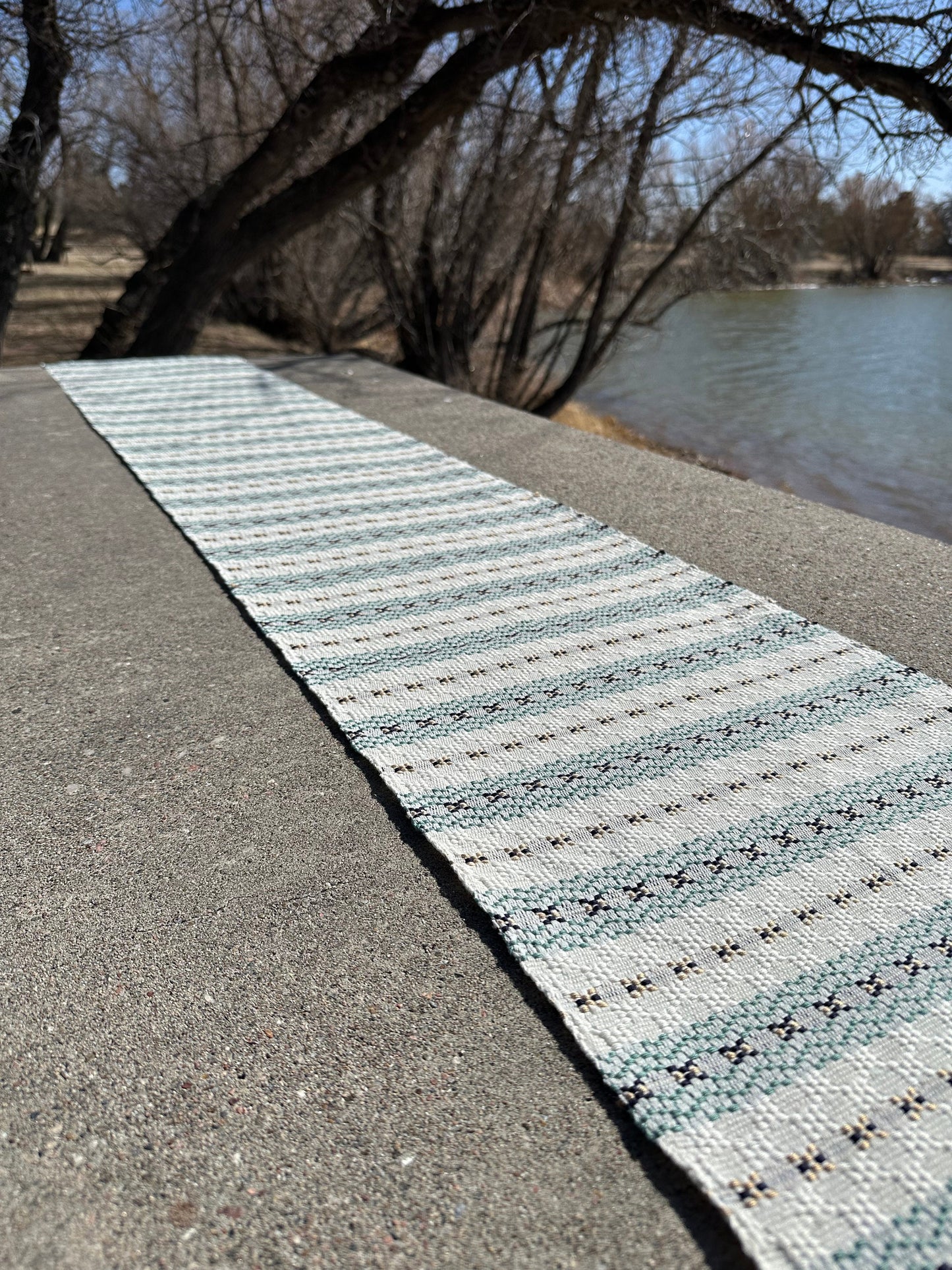 Guatemalan Handwoven Table Runner - Creme Skyblues