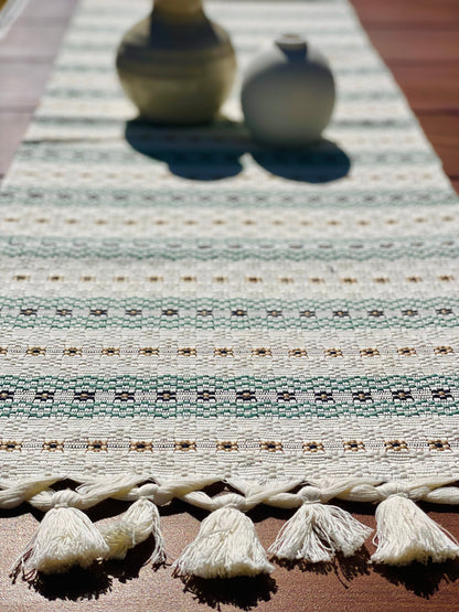 Guatemalan Handwoven Table Runner - Creme Skyblues