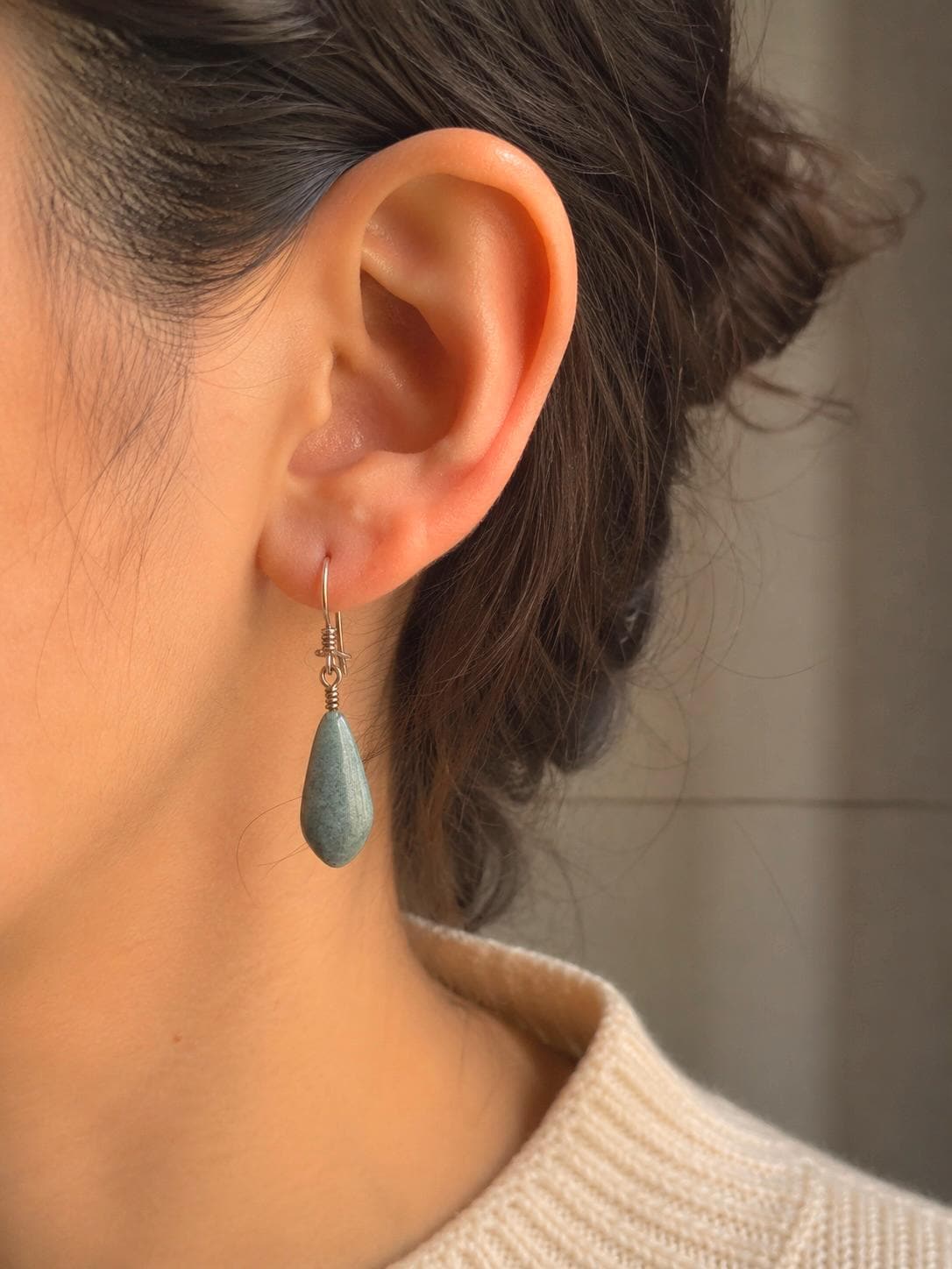 Handmade Authentic Jade Earrings with Silver Hooks - Teardrop Shape - Aqua