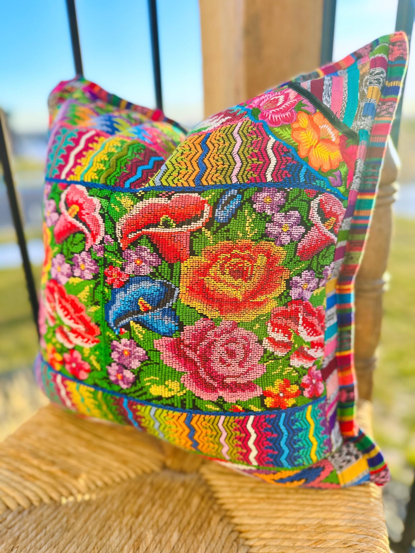 Huipil pillow cover from San Juan Parramos