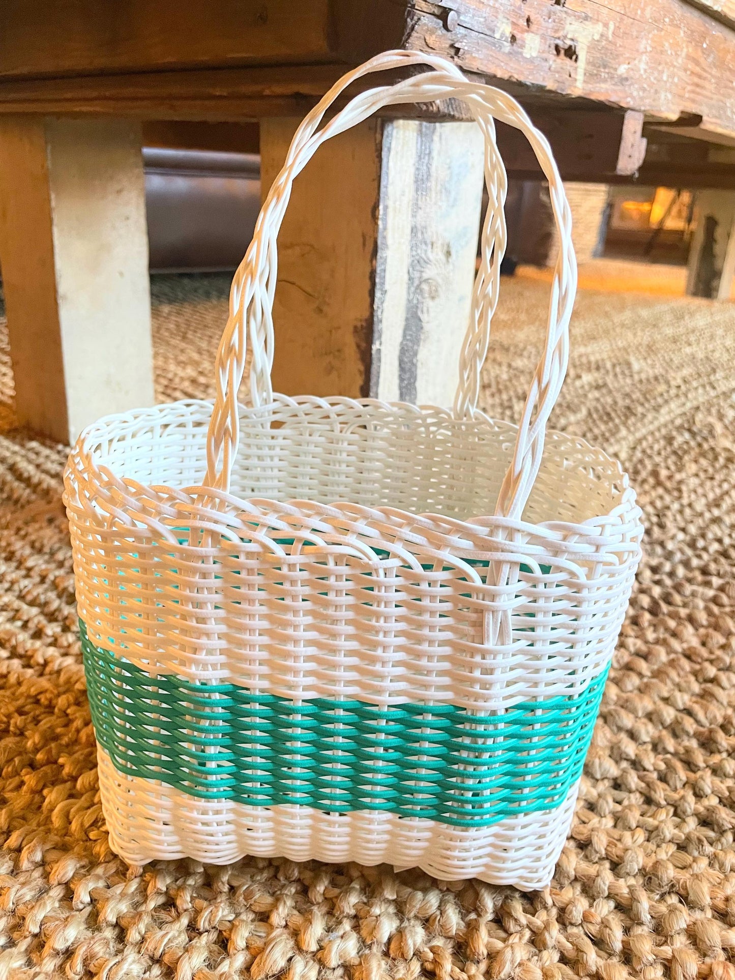 Plastic Tote Bag / Small / White With Blue Stripe