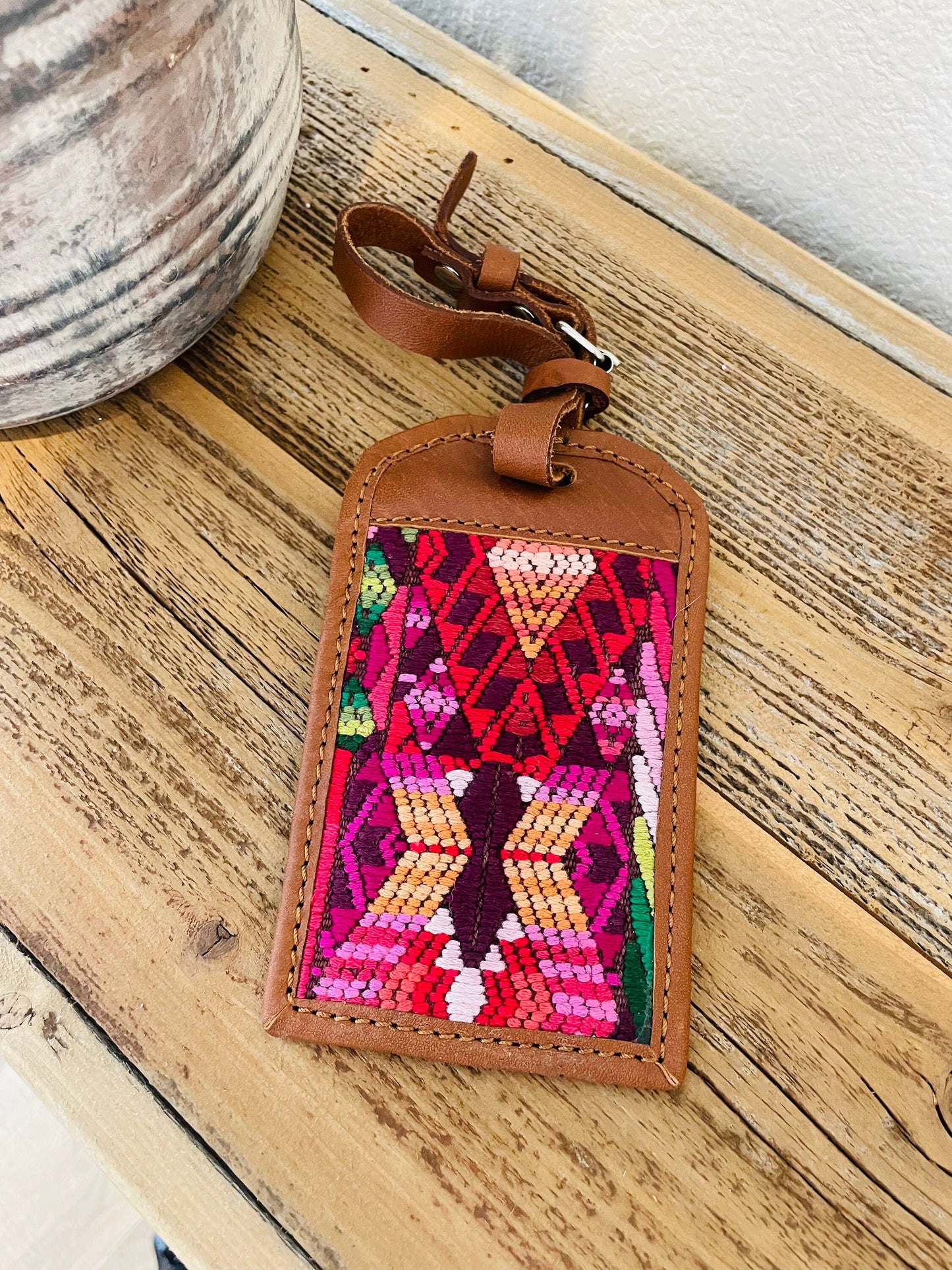 Huipil/Leather Luggage Tags - Brown