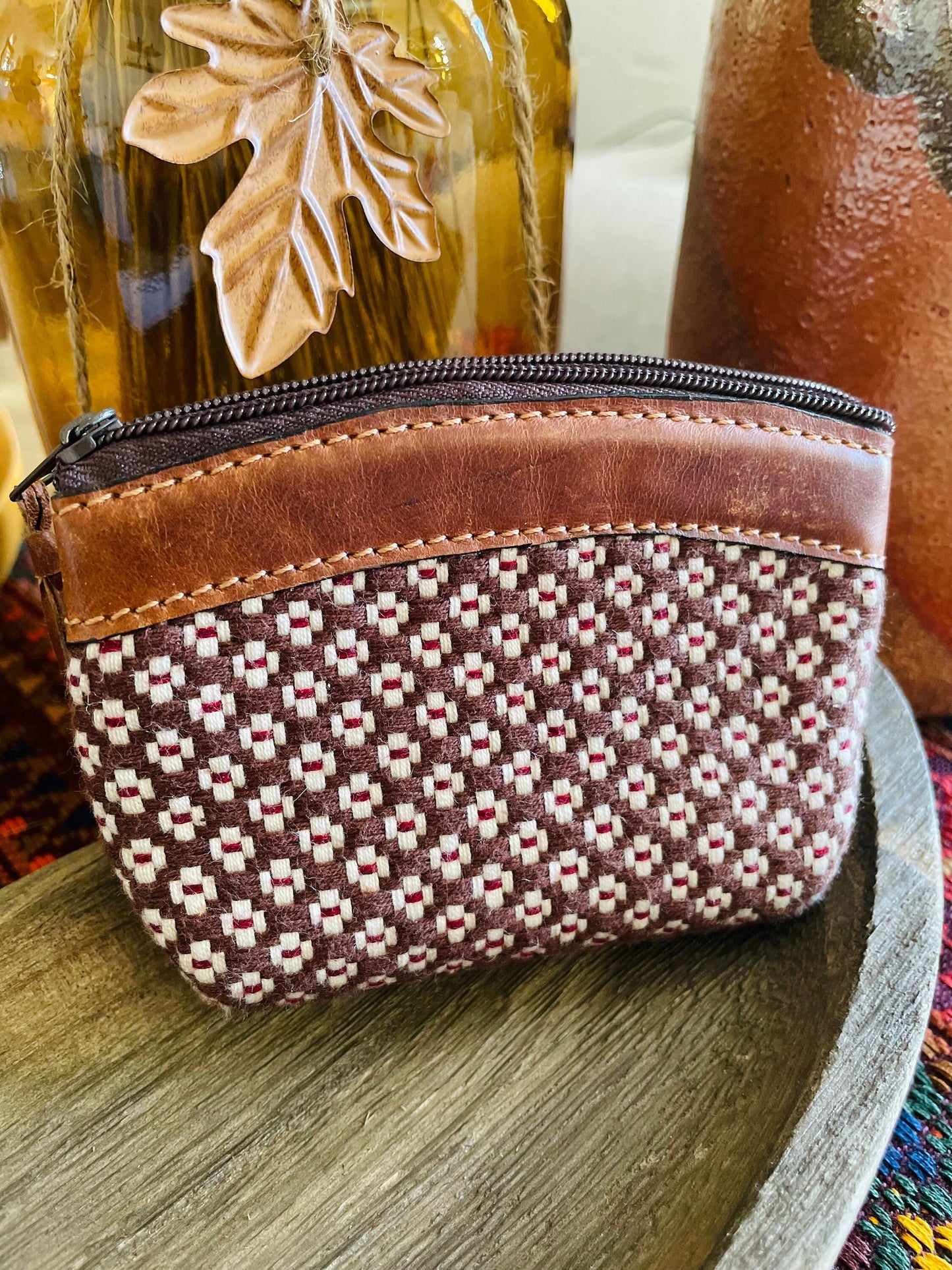 Guatemalan Flower Pattern with Leather Coin Purse / Small