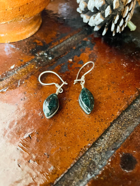 Guatemalan Handmade Real Jade Earrings with Silver Hooks - Teardrop Shape - Dark Green