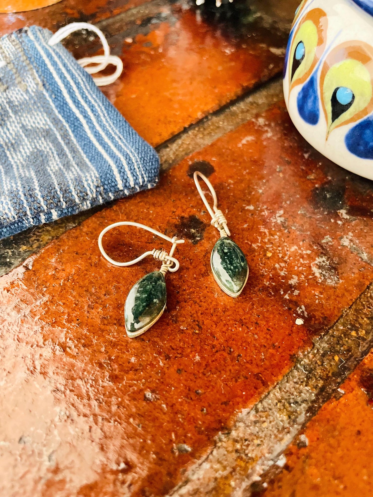Guatemalan Handmade Real Jade Earrings with Silver Hooks - Teardrop Shape - Dark Green