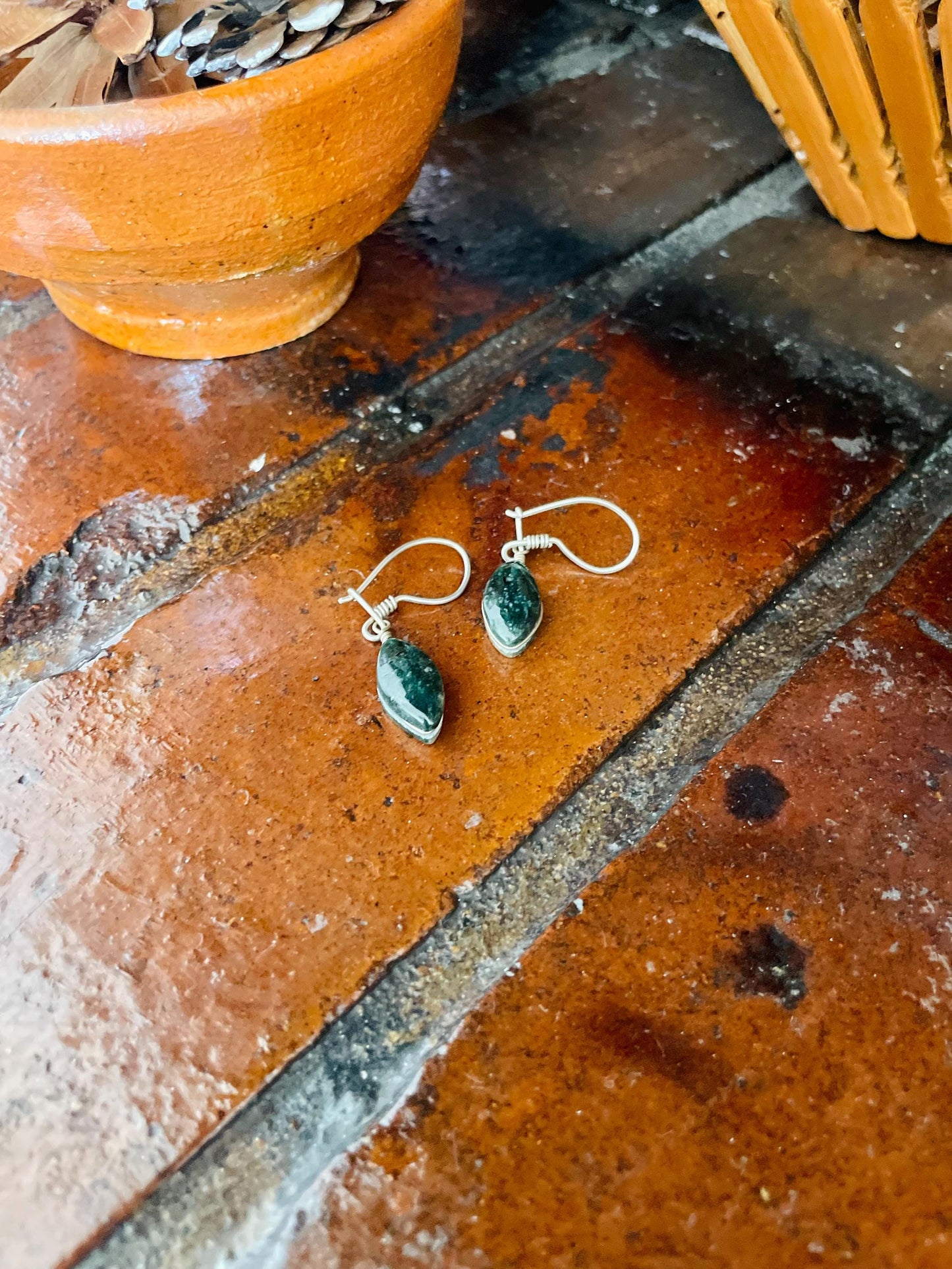 Guatemalan Handmade Real Jade Earrings with Silver Hooks - Teardrop Shape - Dark Green