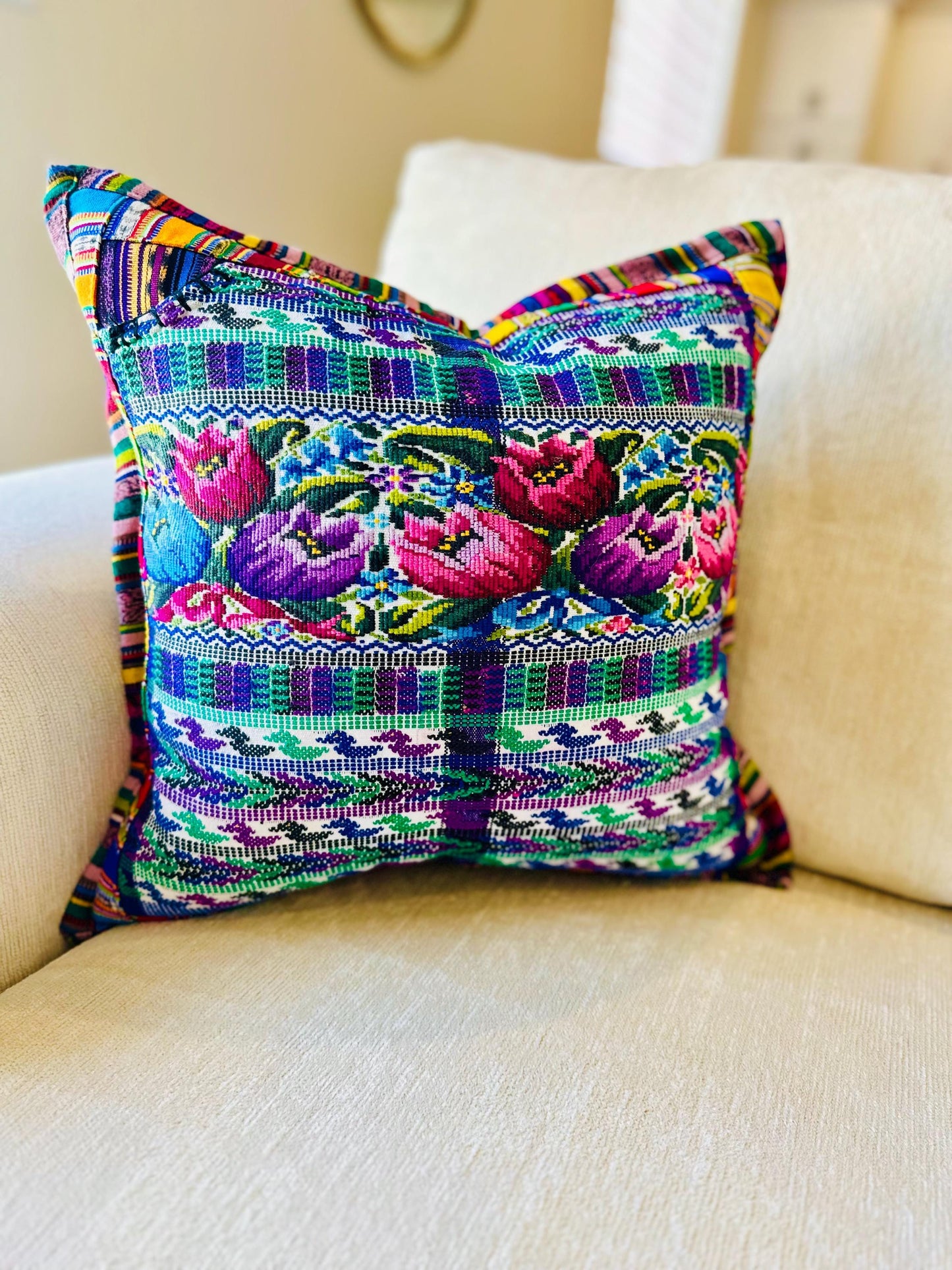 Huipil pillow cover from San Juan Comalapa