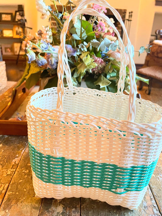 Plastic Tote Bag / Small / White With Blue Stripe