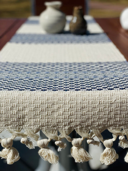 Guatemalan Handwoven Table Runner - Creme Blues