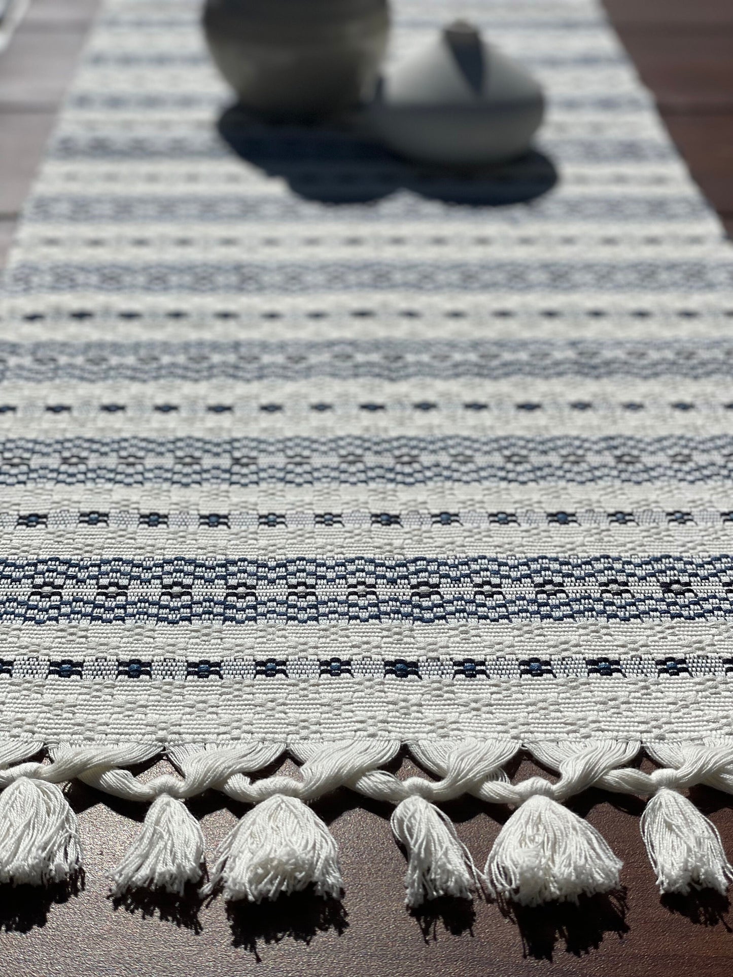 Guatemalan Handwoven Table Runner - White Blues