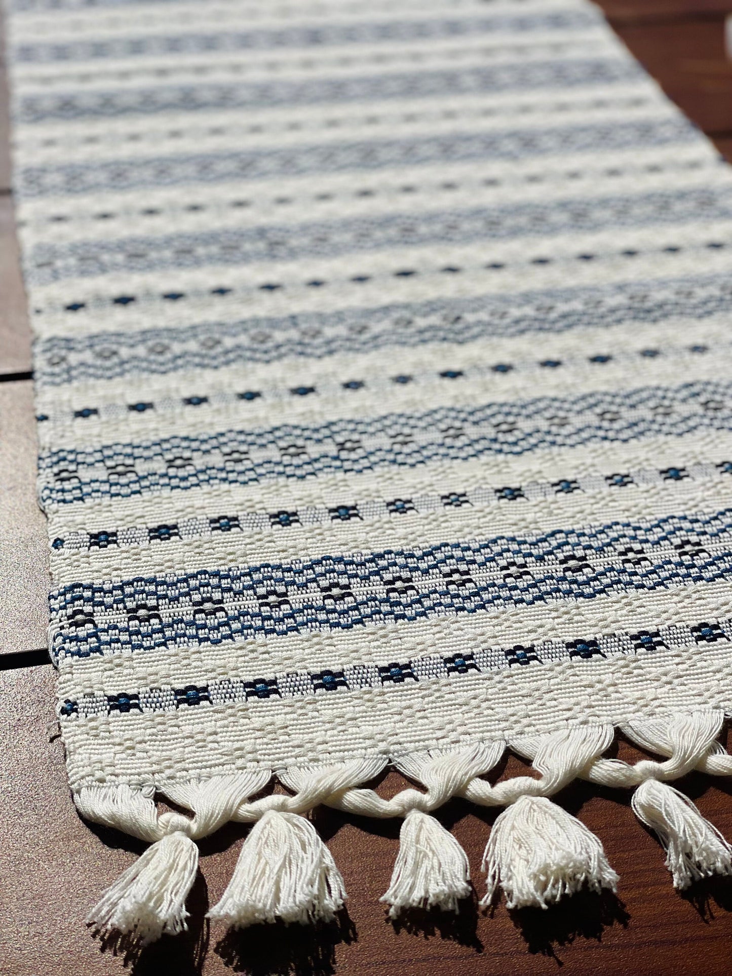 Guatemalan Handwoven Table Runner - White Blues