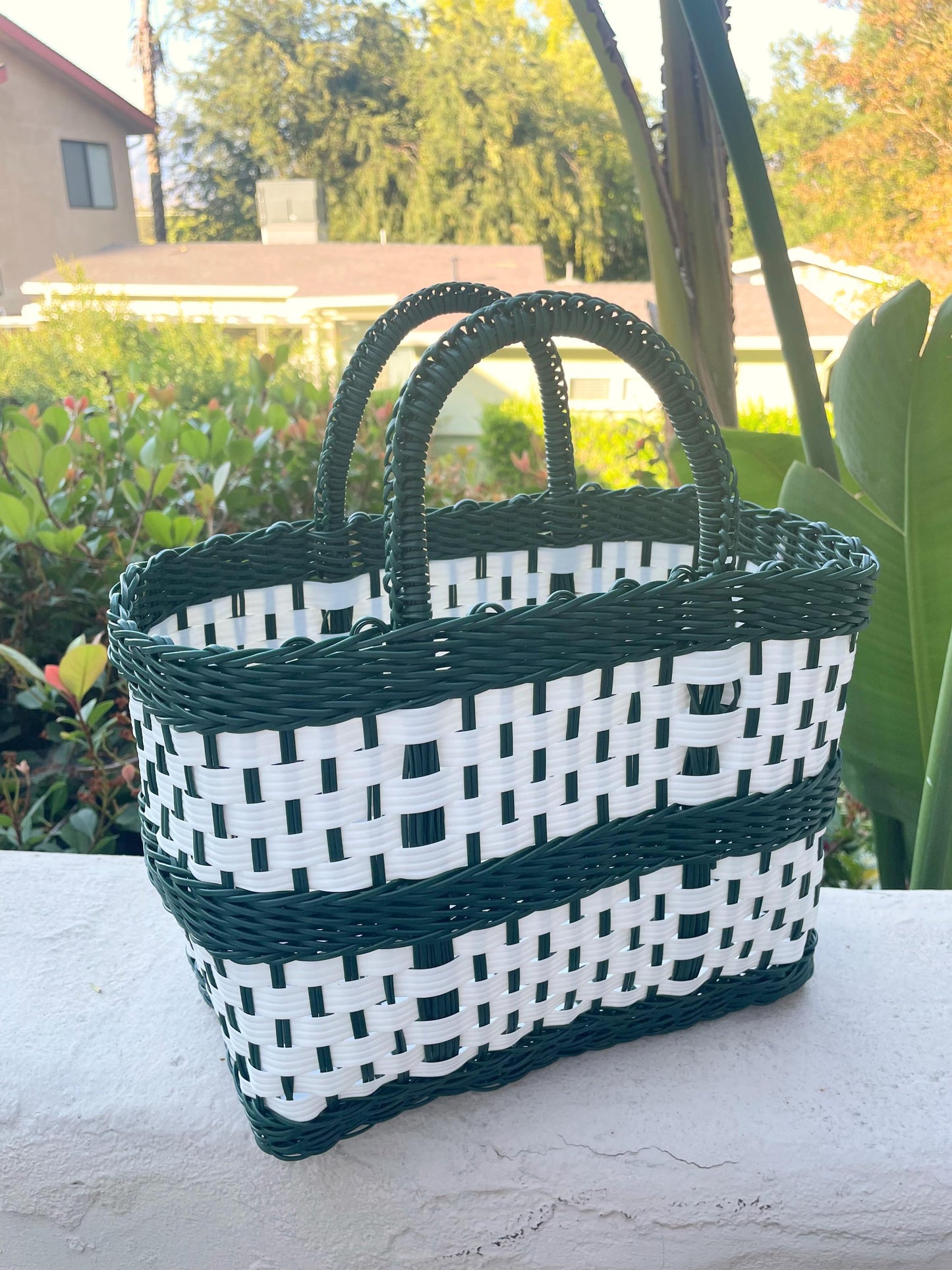 Plastic Market Basket Tote Bag / Medium / Green and White