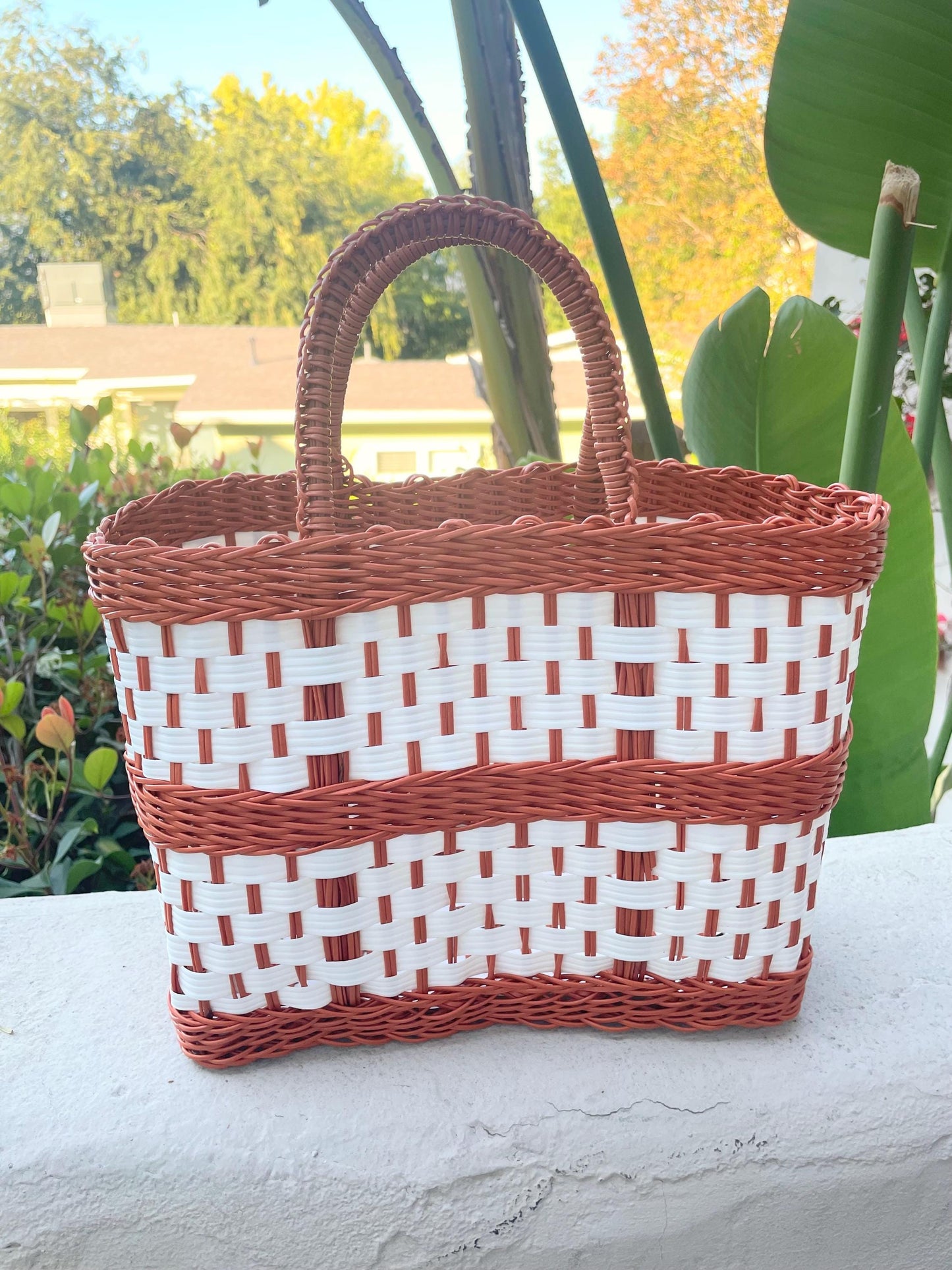 Plastic Market Basket Tote Bag / Medium / Brown and White