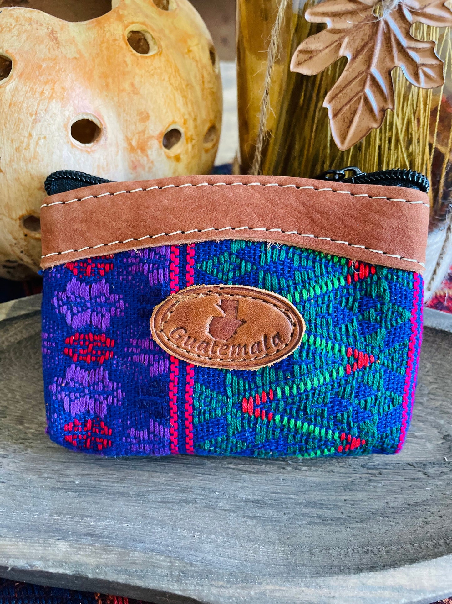 Guatemalan Embroidered Leather with Logo Coin Purse