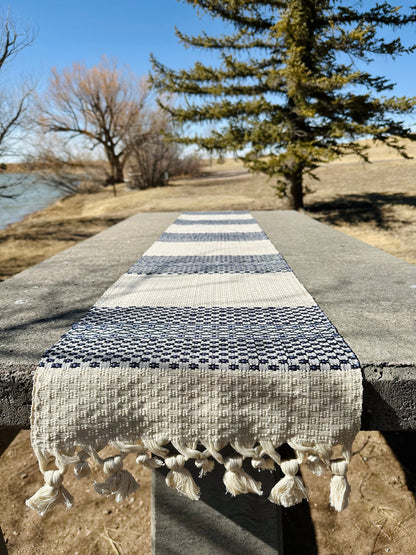 Guatemalan Handwoven Table Runner - Creme Blues