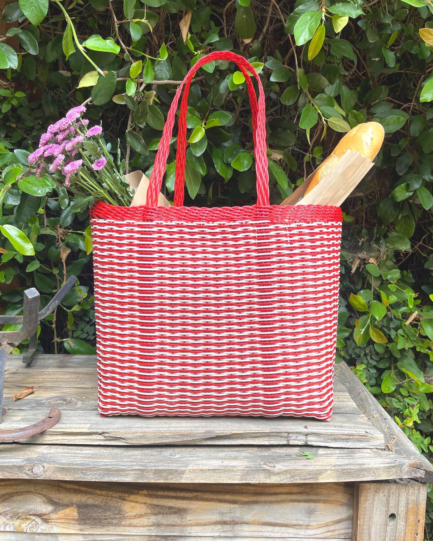 Guatemalan Recycled Large Red White Plastic Market Basket Tote Large Bag: Handmade Purse