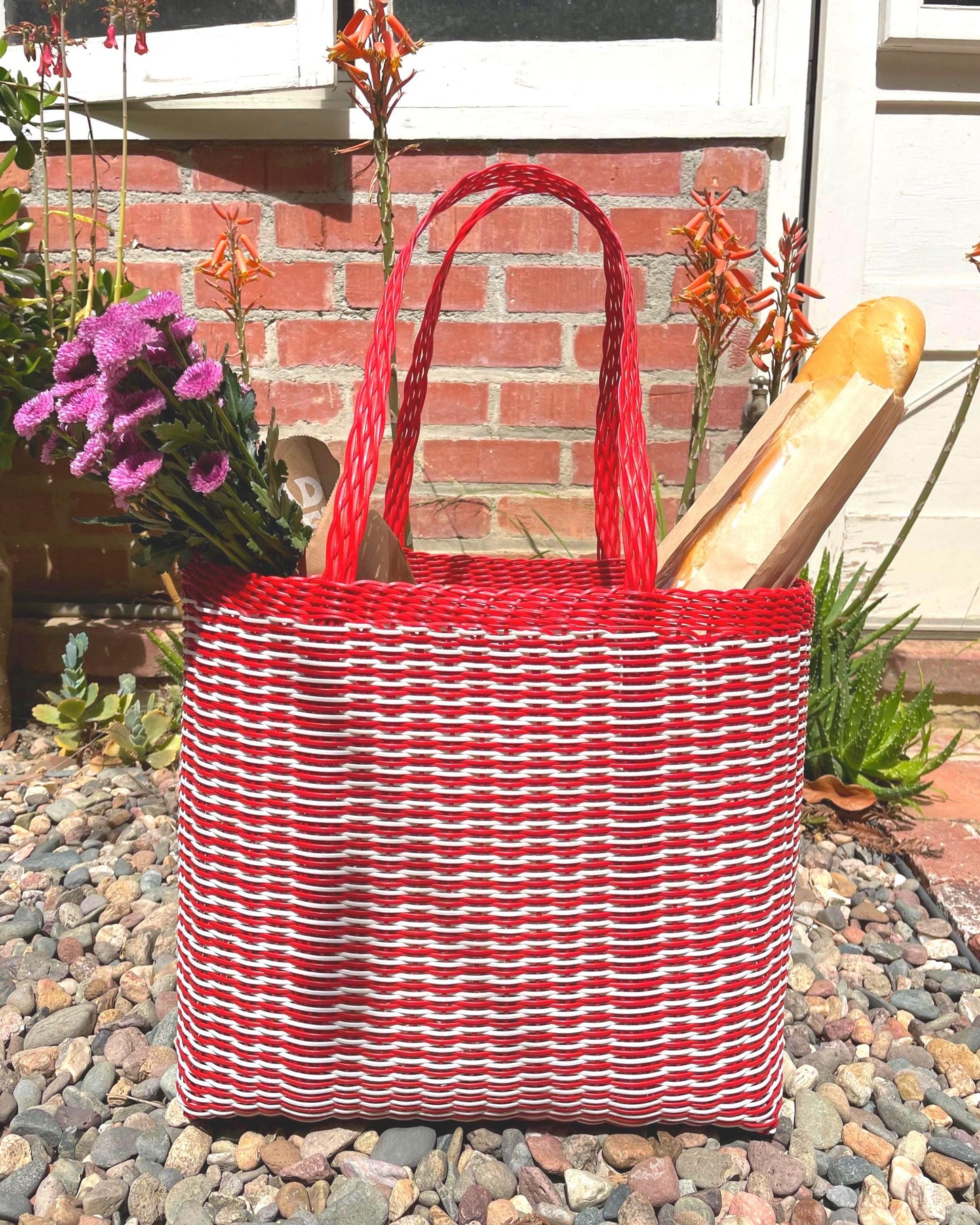 Guatemalan Recycled Large Red White Plastic Market Basket Tote Large Bag: Handmade Purse