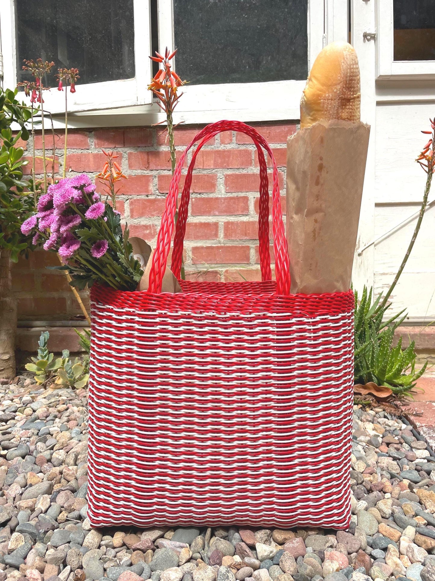 Guatemalan Recycled Large Red White Plastic Market Basket Tote Large Bag: Handmade Purse
