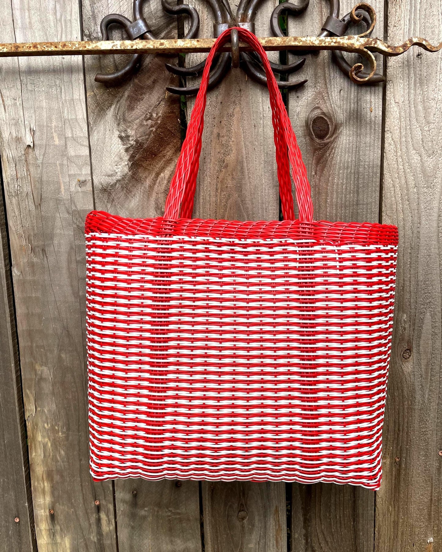 Guatemalan Recycled Large Red White Plastic Market Basket Tote Large Bag: Handmade Purse