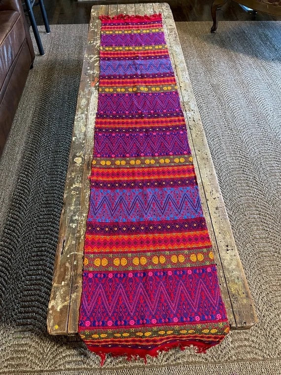 Guatemalan handwoven long table runner, Handmade Mayan textile 82